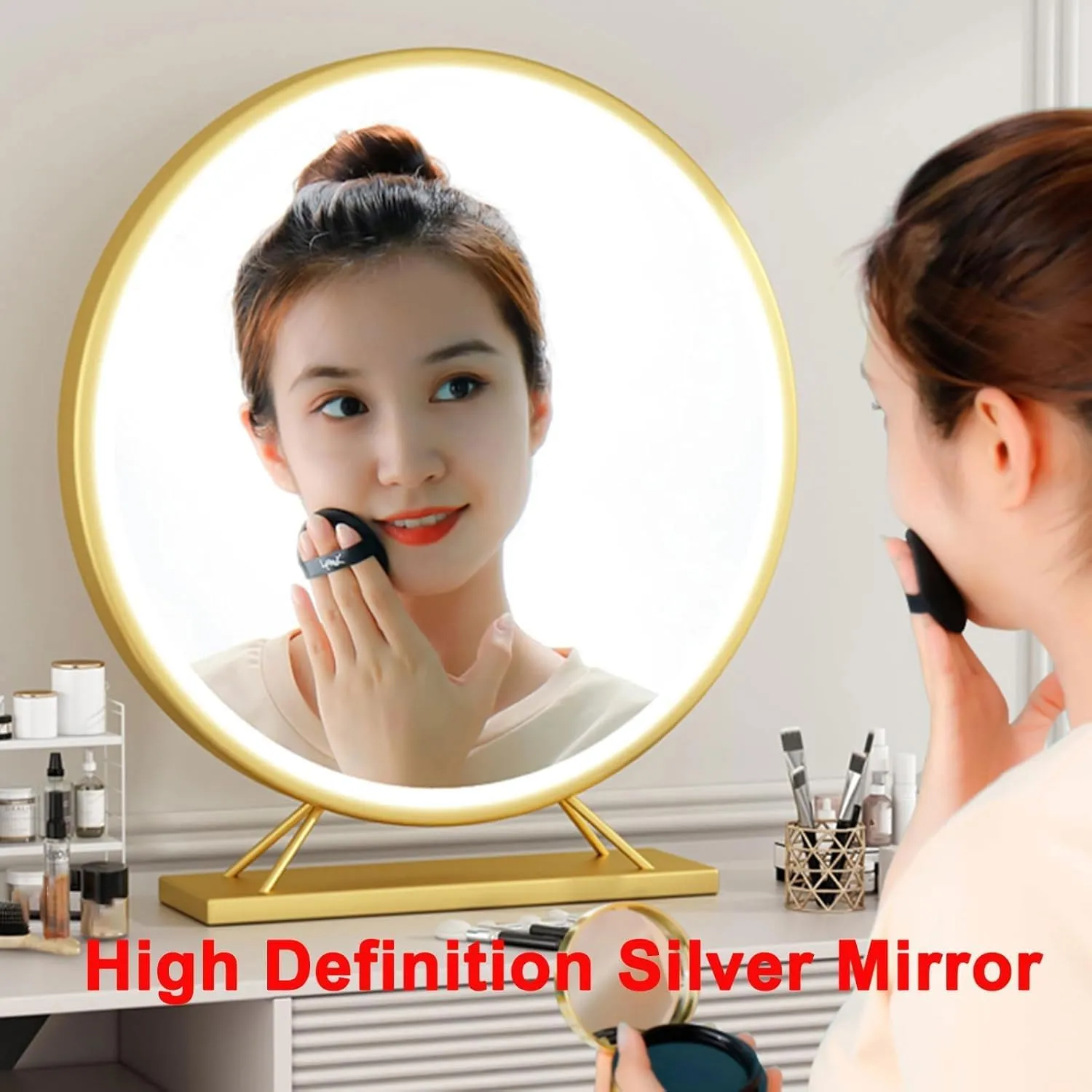 Makeup Mirror ，Nordic Style Bathroom Shaving Round Mirror Dressing Table Beauty Mirror，Round Mirror with Base,40CM,White