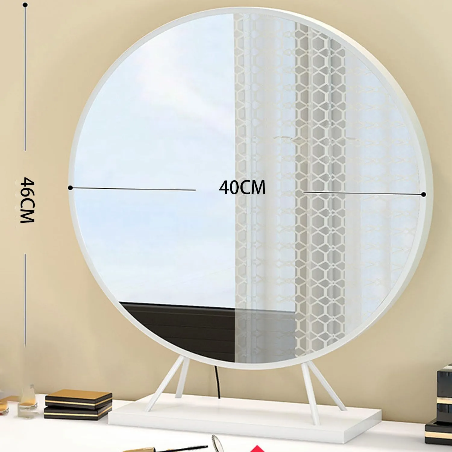 Makeup Mirror ，Nordic Style Bathroom Shaving Round Mirror Dressing Table Beauty Mirror，Round Mirror with Base,40CM,White