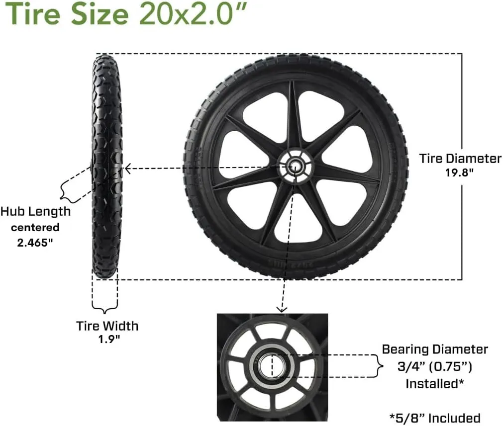 Marathon 2 PACK-92010-Flat Free Replacement Tire Assembly for Rubbermaid Big Wheel Carts-20, 2 PACK, Black