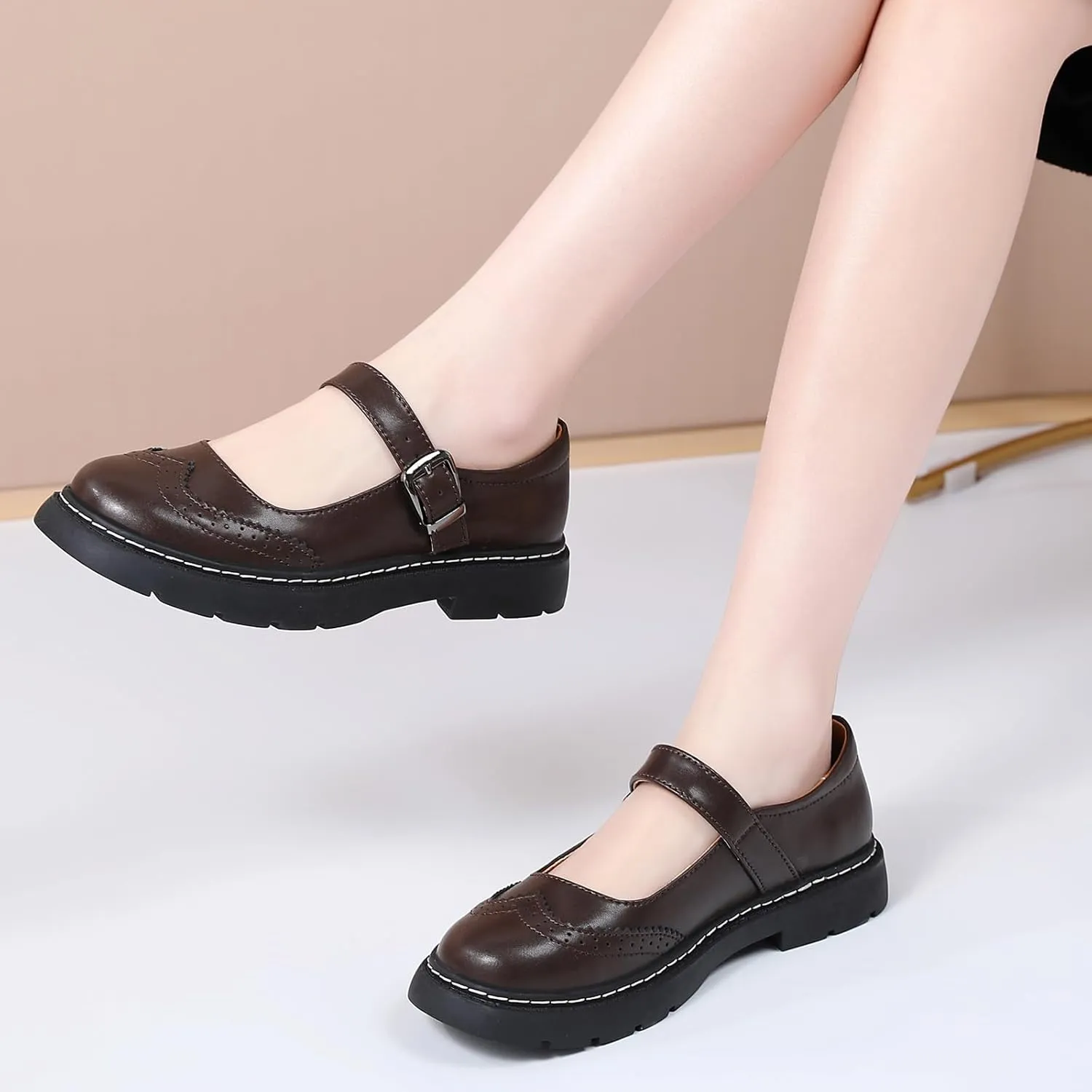 Mary Jane Shoes Women Platform Non-Slip Classics Round Toe Ankle Strap Brogues Style Comfort Casual Oxford Dress Work Mary Jane Flat Shoes