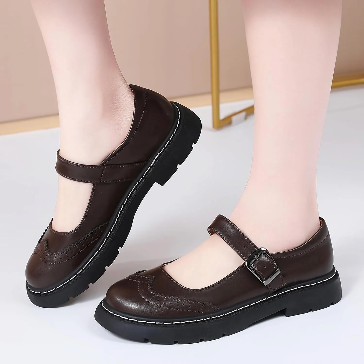 Mary Jane Shoes Women Platform Non-Slip Classics Round Toe Ankle Strap Brogues Style Comfort Casual Oxford Dress Work Mary Jane Flat Shoes