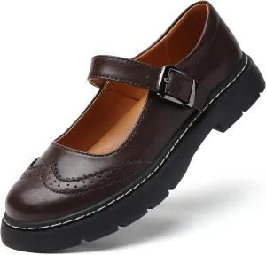 Mary Jane Shoes Women Platform Non-Slip Classics Round Toe Ankle Strap Brogues Style Comfort Casual Oxford Dress Work Mary Jane Flat Shoes