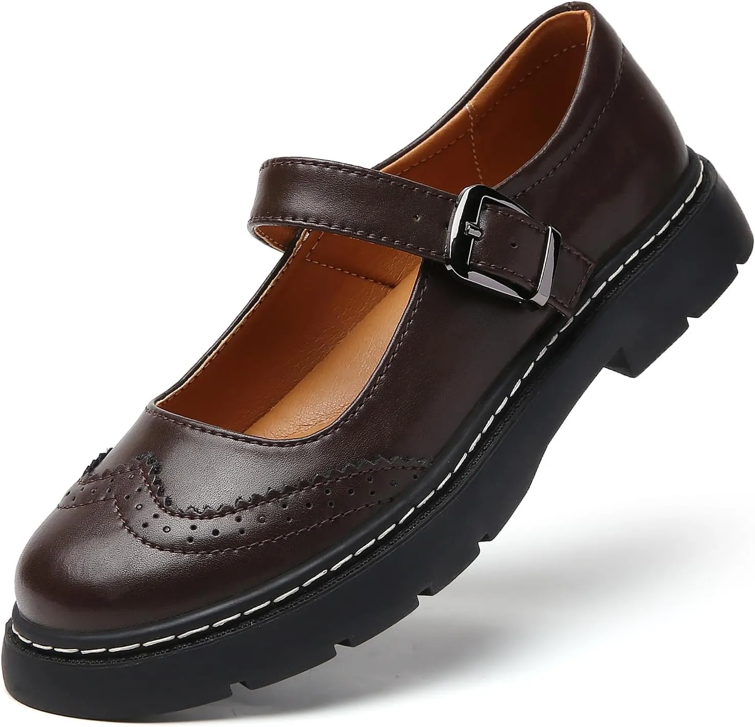 Mary Jane Shoes Women Platform Non-Slip Classics Round Toe Ankle Strap Brogues Style Comfort Casual Oxford Dress Work Mary Jane Flat Shoes