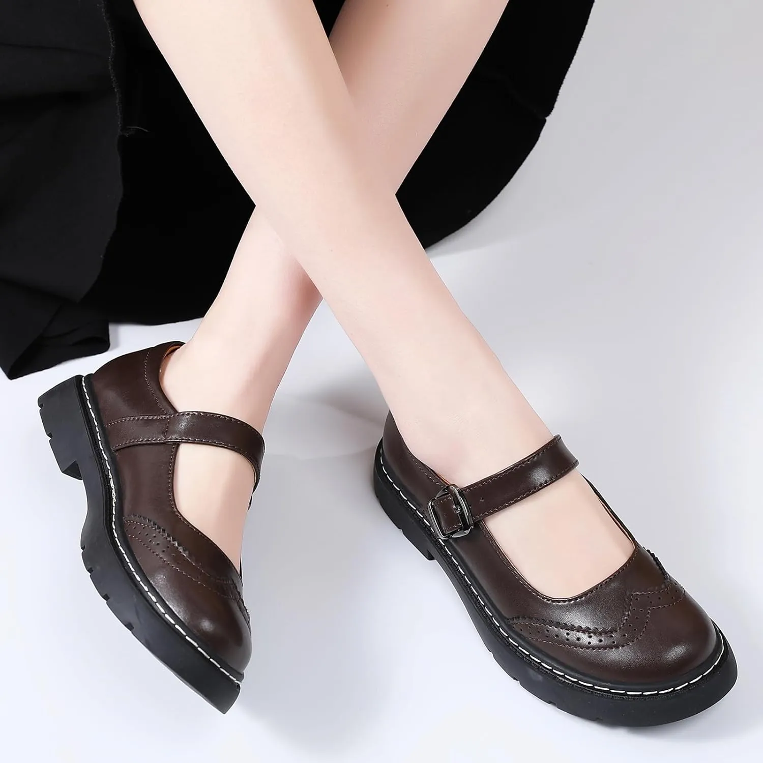 Mary Jane Shoes Women Platform Non-Slip Classics Round Toe Ankle Strap Brogues Style Comfort Casual Oxford Dress Work Mary Jane Flat Shoes