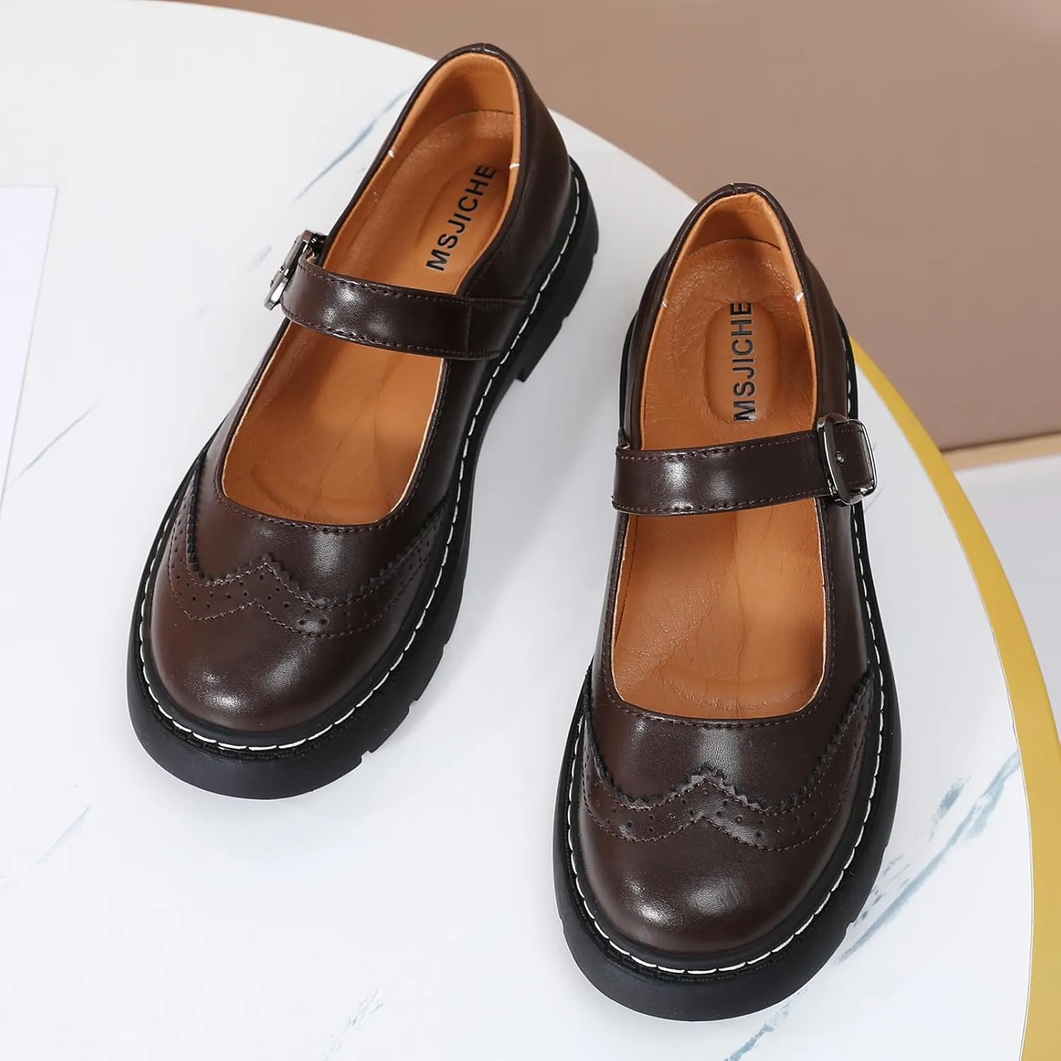 Mary Jane Shoes Women Platform Non-Slip Classics Round Toe Ankle Strap Brogues Style Comfort Casual Oxford Dress Work Mary Jane Flat Shoes