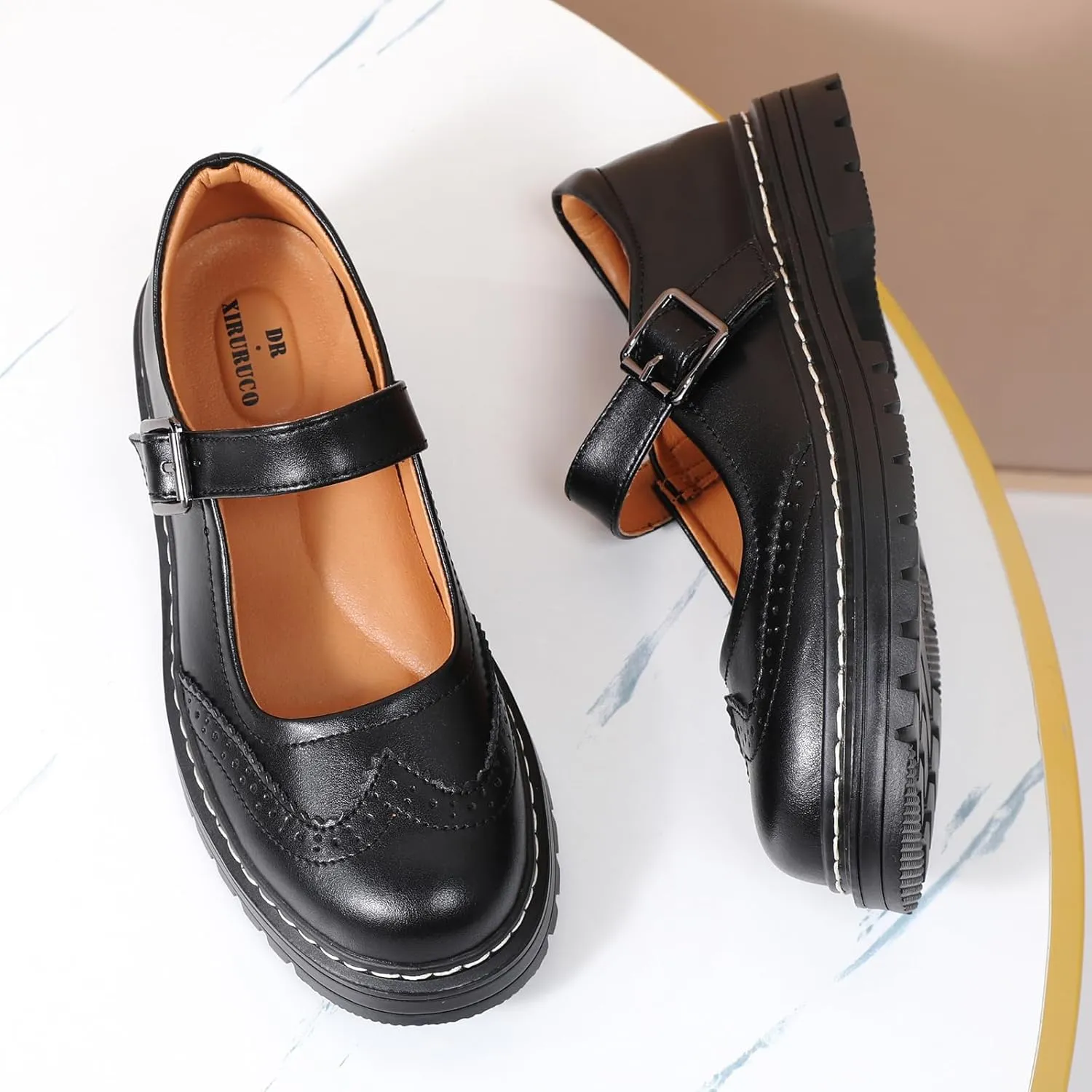 Mary Jane Shoes Women Platform Non-Slip Classics Round Toe Ankle Strap Comfort Casual Oxford Dress Work Mary Jane Flat Shoes
