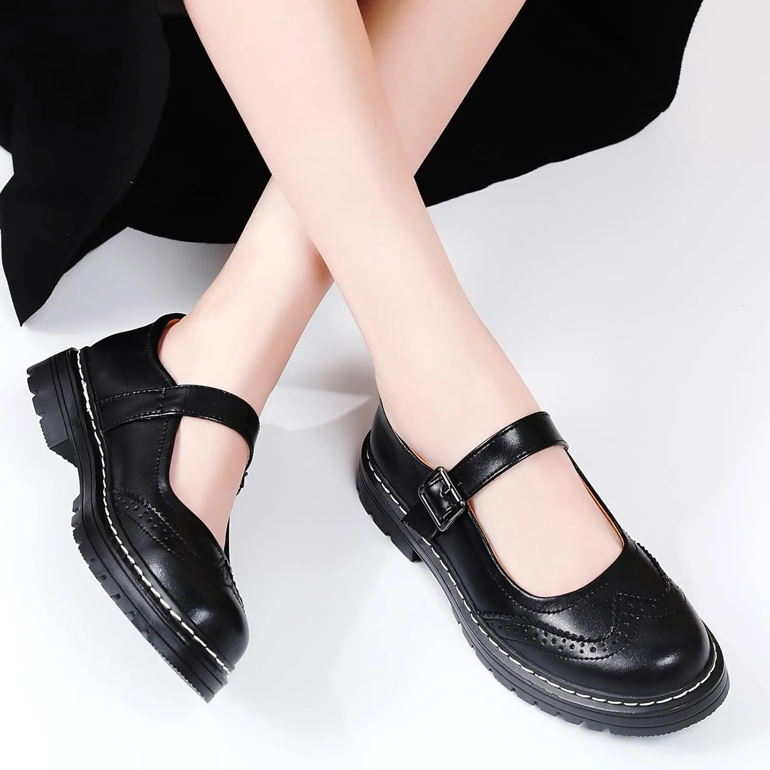 Mary Jane Shoes Women Platform Non-Slip Classics Round Toe Ankle Strap Comfort Casual Oxford Dress Work Mary Jane Flat Shoes