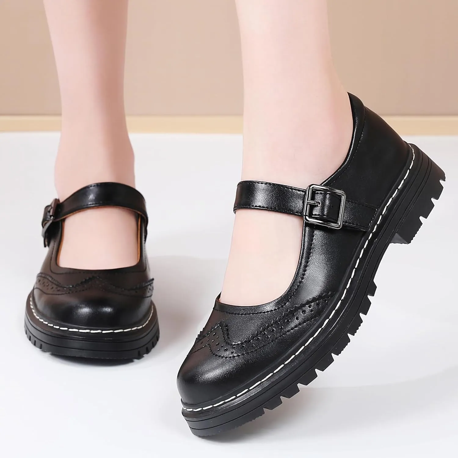 Mary Jane Shoes Women Platform Non-Slip Classics Round Toe Ankle Strap Comfort Casual Oxford Dress Work Mary Jane Flat Shoes