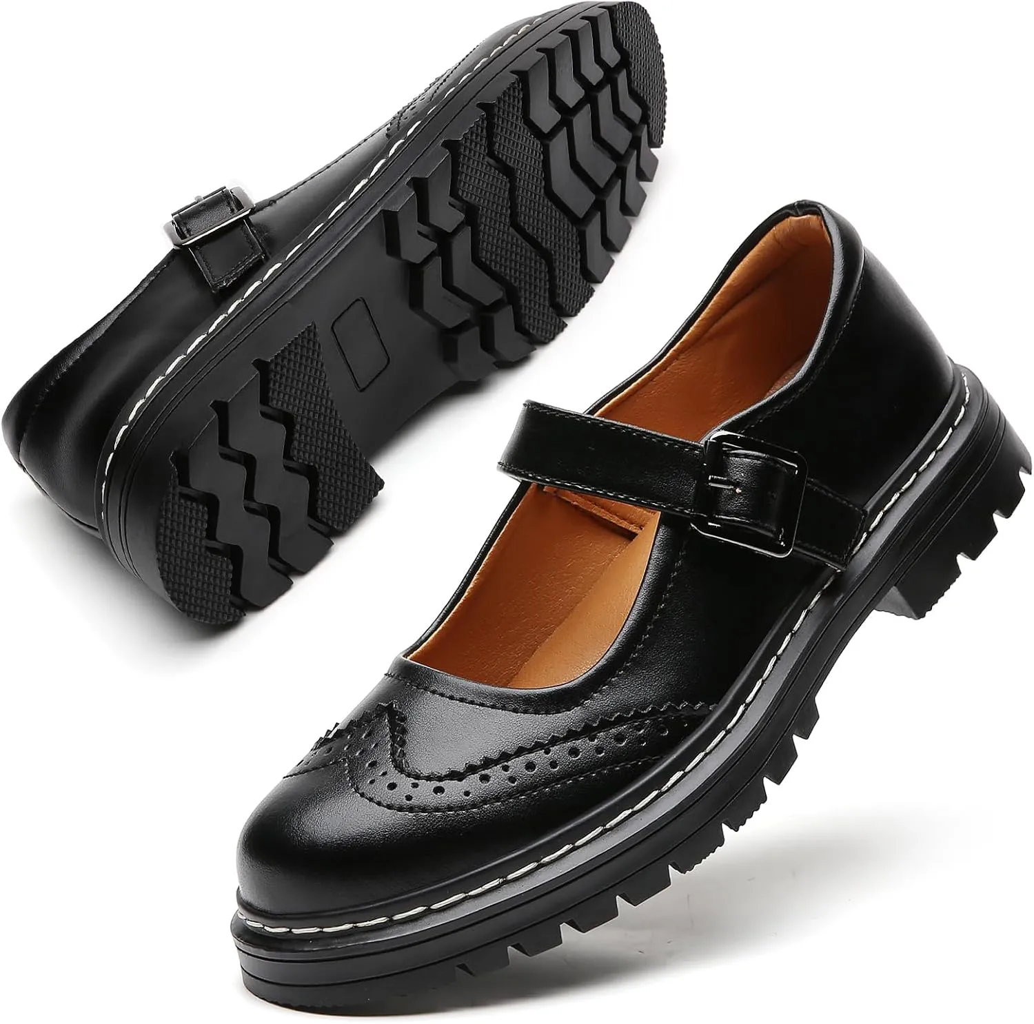 Mary Jane Shoes Women Platform Non-Slip Classics Round Toe Ankle Strap Comfort Casual Oxford Dress Work Mary Jane Flat Shoes