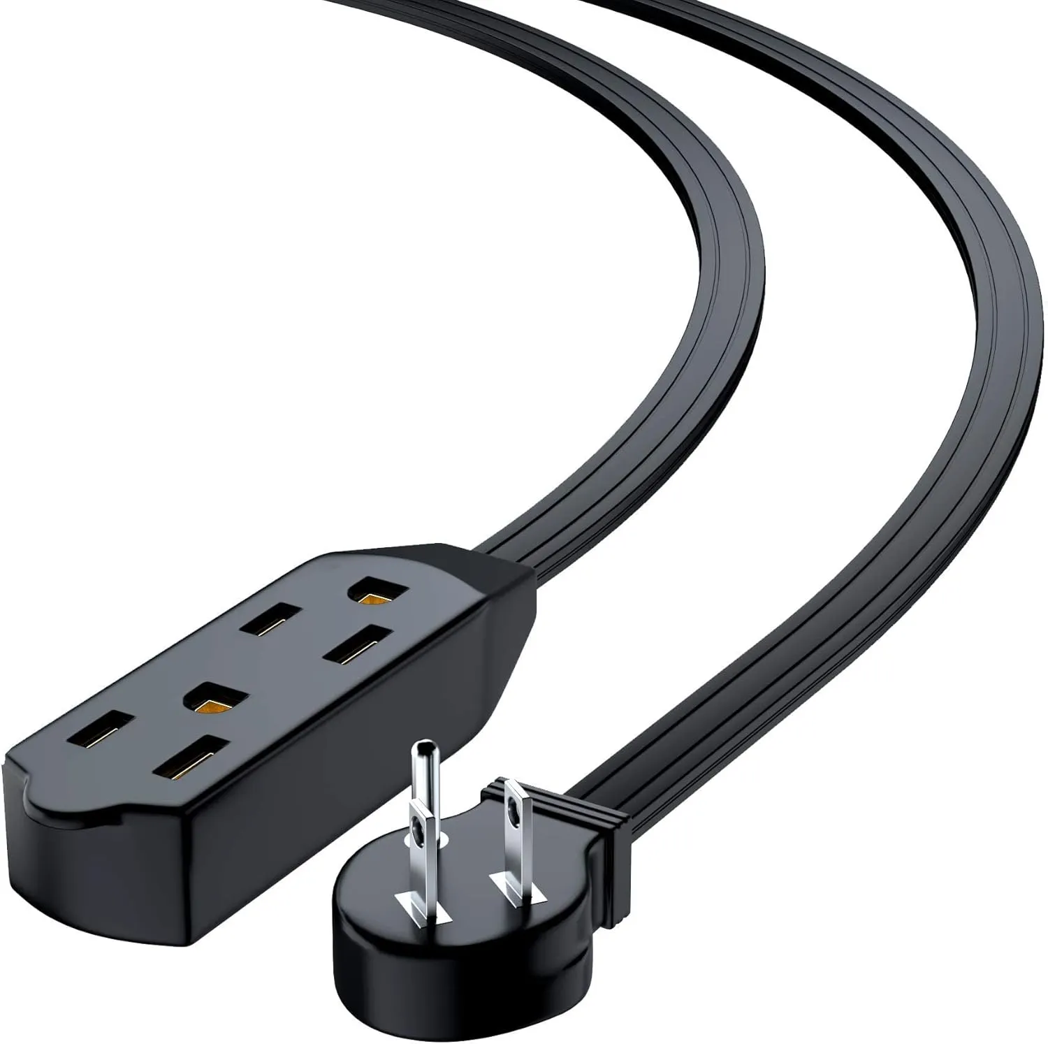 Maximm Cable 3 Feet Flat Plug Extension Cord/Wire, Multi Outlet - 3 Prong Angled Plug Extension Cord - Black UL Certified (2 Pack)