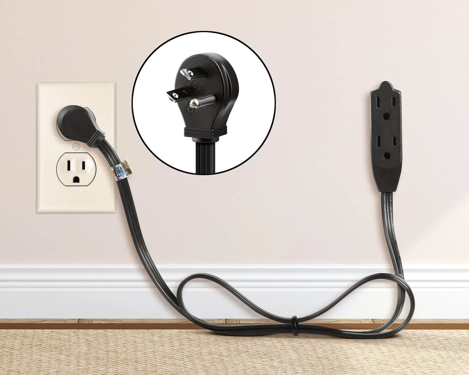 Maximm Cable 3 Feet Flat Plug Extension Cord/Wire, Multi Outlet - 3 Prong Angled Plug Extension Cord - Black UL Certified (2 Pack)