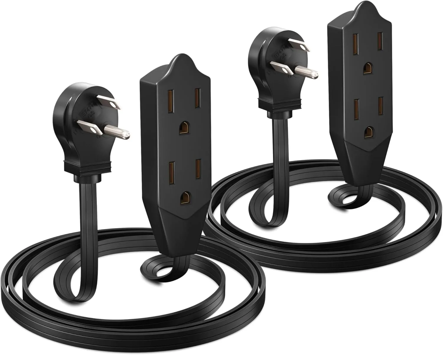 Maximm Cable 3 Feet Flat Plug Extension Cord/Wire, Multi Outlet - 3 Prong Angled Plug Extension Cord - Black UL Certified (2 Pack)