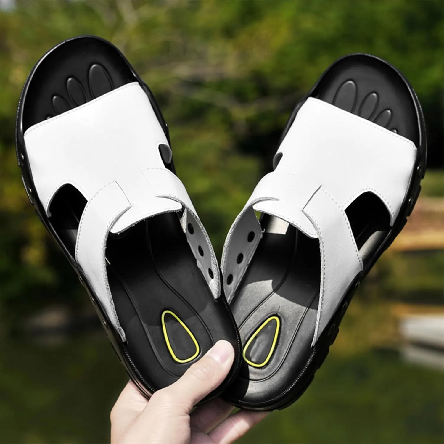 Men's Fashion Leather Platform Outdoor Beach Slides Comfort Fish Mouth Open Toe Soft Bottom Summe Slip On Fisherman Walking Sandals Casual Non Slip Flat Business Dress Slipper