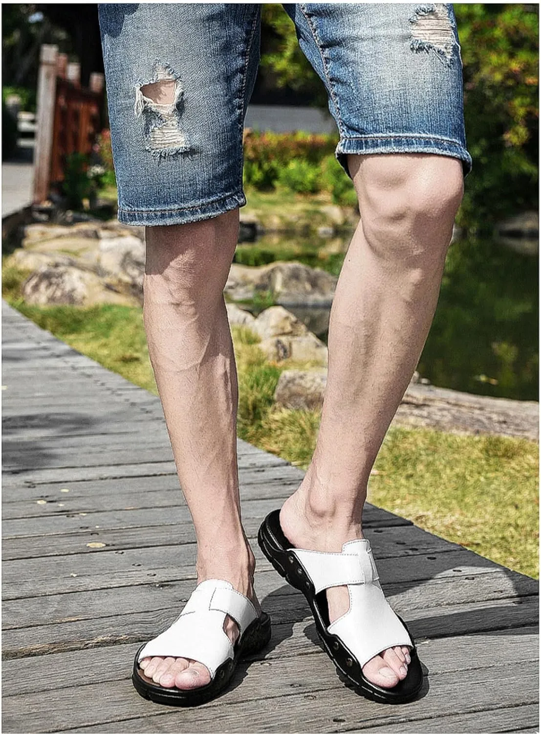 Men's Fashion Leather Platform Outdoor Beach Slides Comfort Fish Mouth Open Toe Soft Bottom Summe Slip On Fisherman Walking Sandals Casual Non Slip Flat Business Dress Slipper