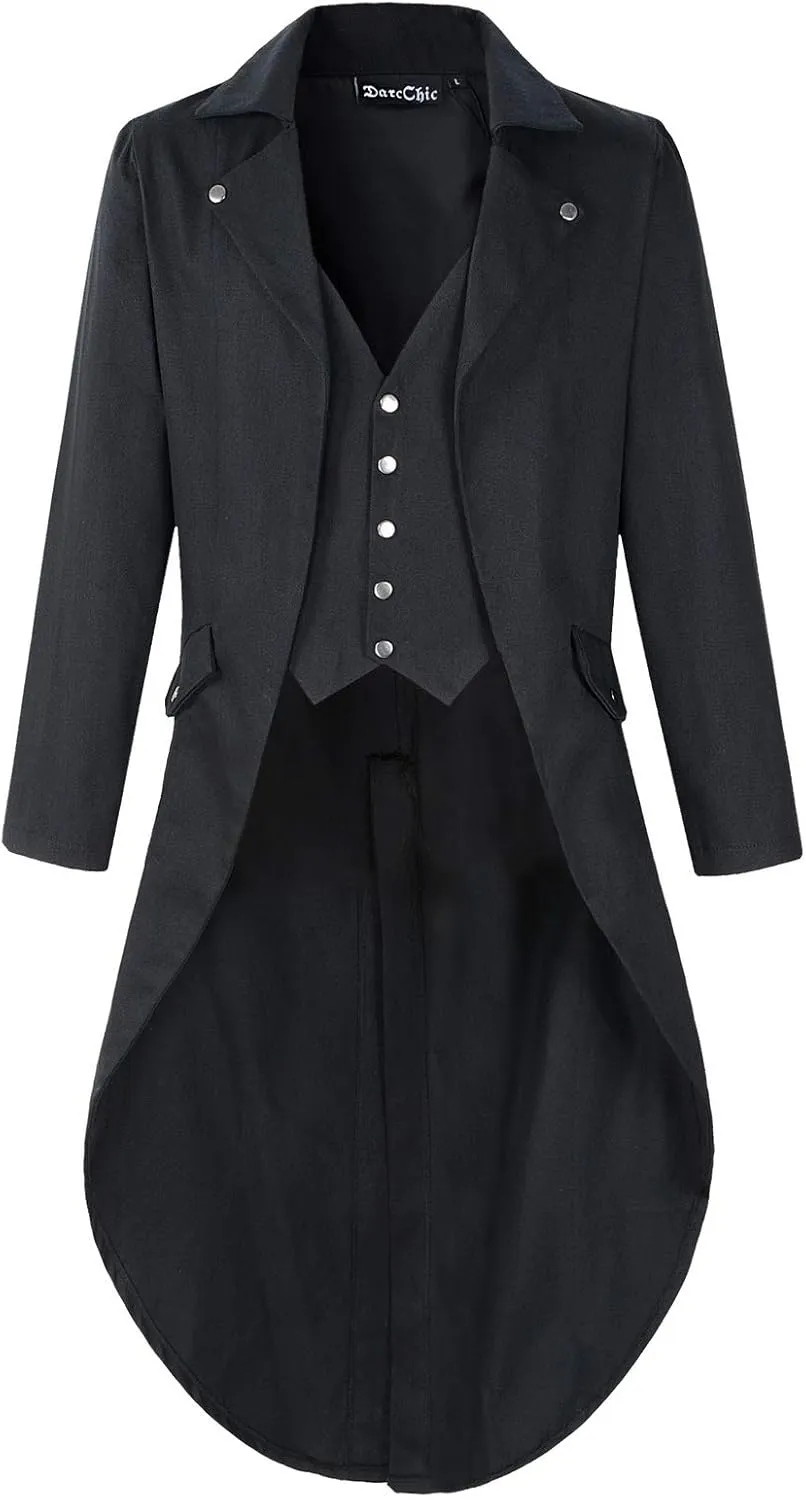 Mens Gothic Tailcoat Jacket Black Steampunk VTG Victorian Coat