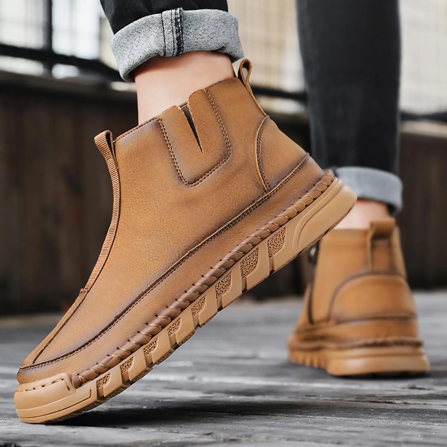 Men's Waterproof Leather Chukka Boots for Hiking Camping & Driving Fashion Warm Fur Lined Hand Stitched Round Toe Side Zipper Ankle Boots Comfort Casual Outdoor Walking Sneakers