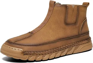 Men's Waterproof Leather Chukka Boots for Hiking Camping & Driving Fashion Warm Fur Lined Hand Stitched Round Toe Side Zipper Ankle Boots Comfort Casual Outdoor Walking Sneakers