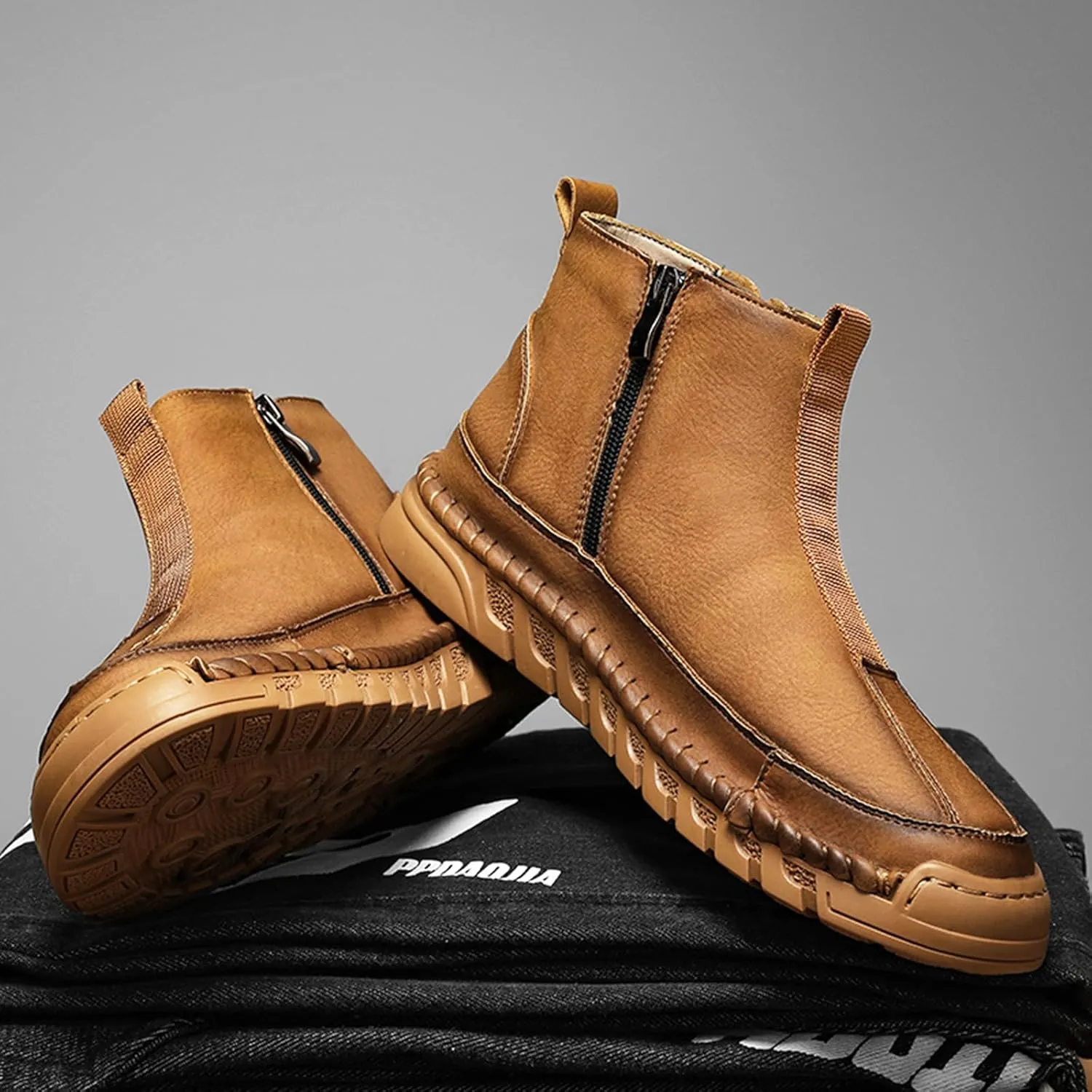 Men's Waterproof Leather Chukka Boots for Hiking Camping & Driving Fashion Warm Fur Lined Hand Stitched Round Toe Side Zipper Ankle Boots Comfort Casual Outdoor Walking Sneakers