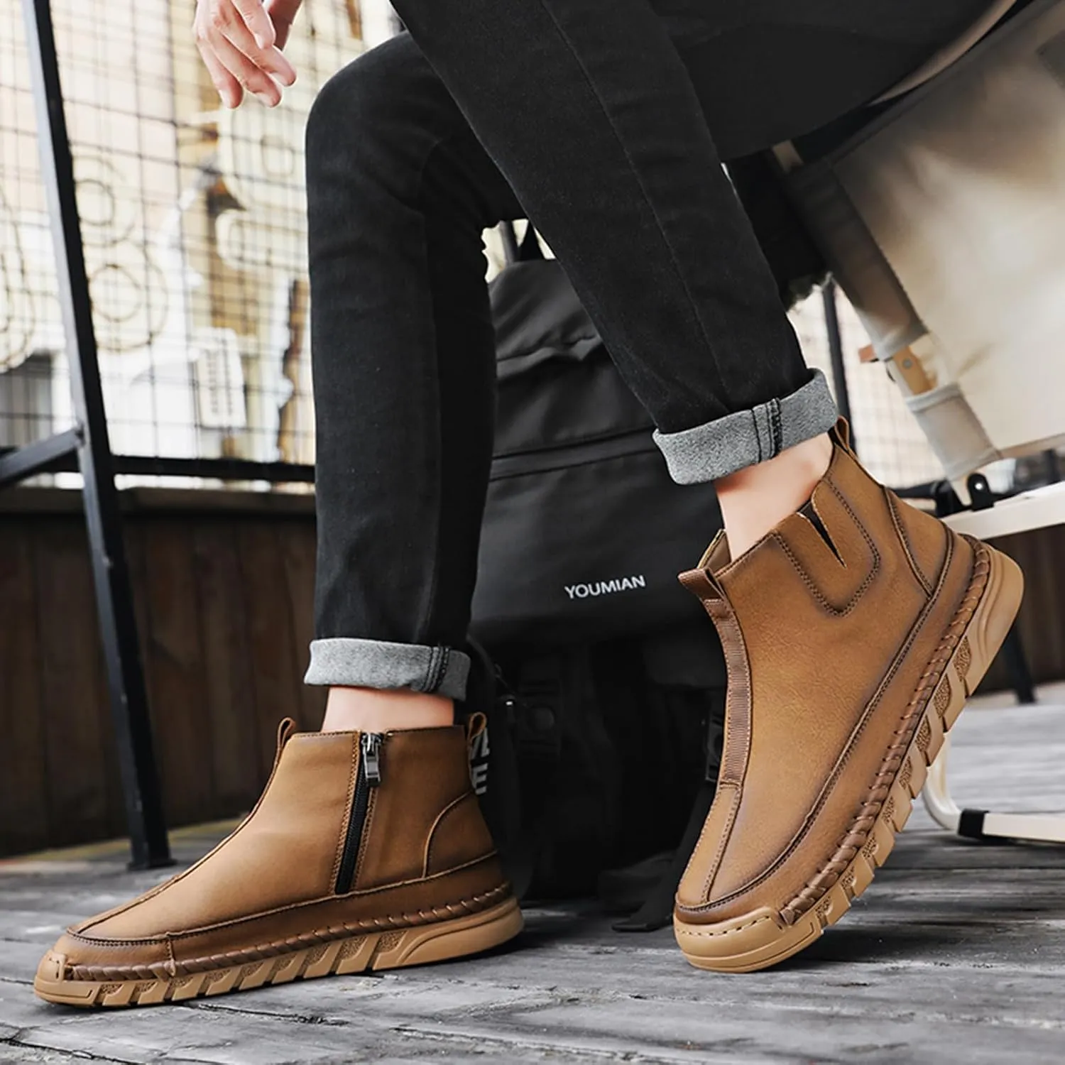 Men's Waterproof Leather Chukka Boots for Hiking Camping & Driving Fashion Warm Fur Lined Hand Stitched Round Toe Side Zipper Ankle Boots Comfort Casual Outdoor Walking Sneakers