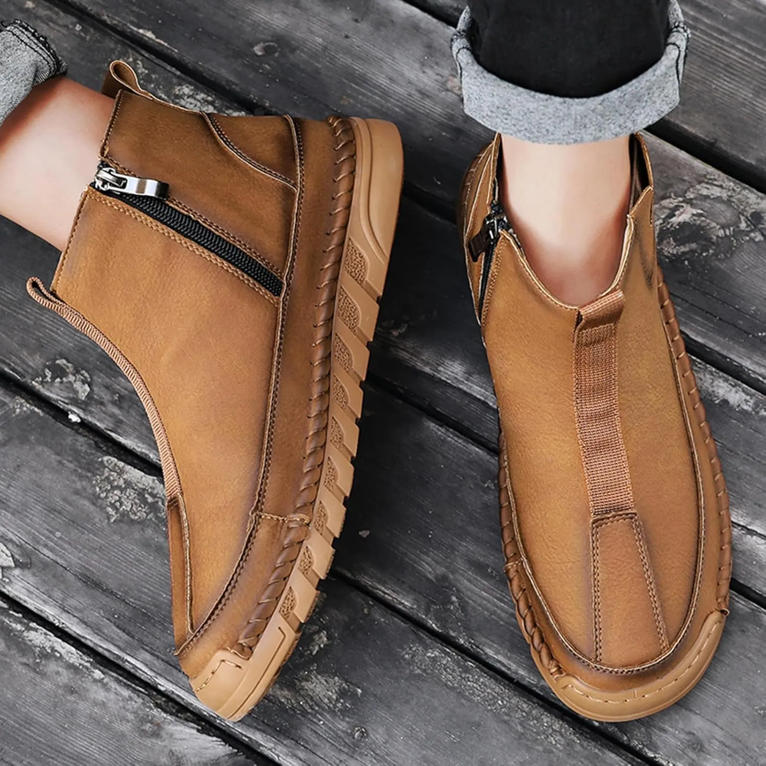 Men's Waterproof Leather Chukka Boots for Hiking Camping & Driving Fashion Warm Fur Lined Hand Stitched Round Toe Side Zipper Ankle Boots Comfort Casual Outdoor Walking Sneakers