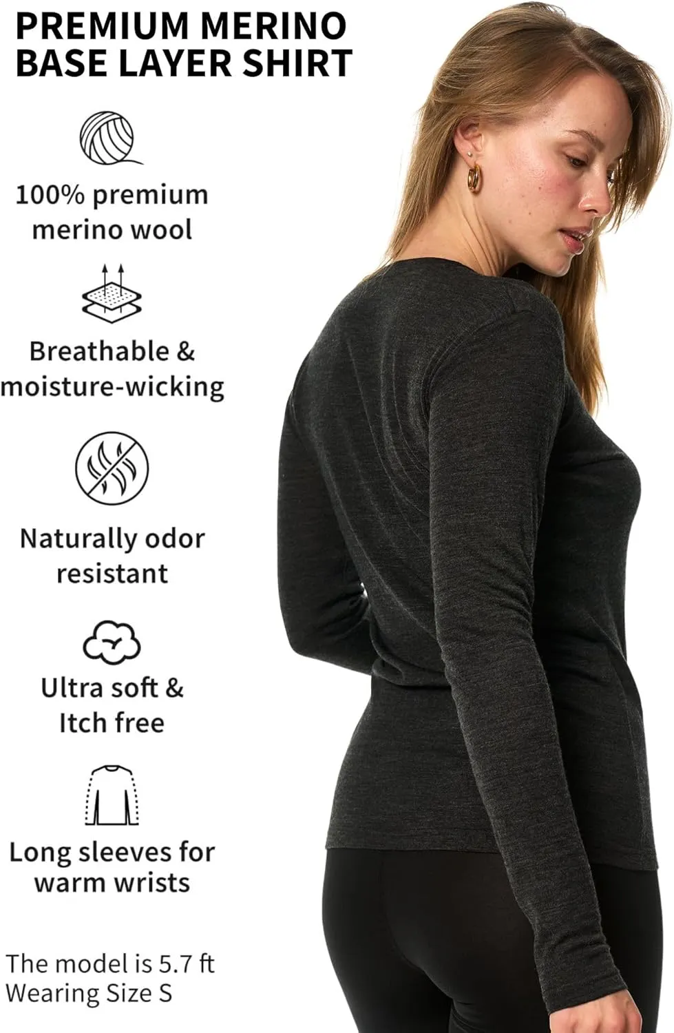 Merino Wool Base Layer Women - 100% Merino Wool Shirt Women Thermal Underwear Long Sleeve T-Shirt for Hiking