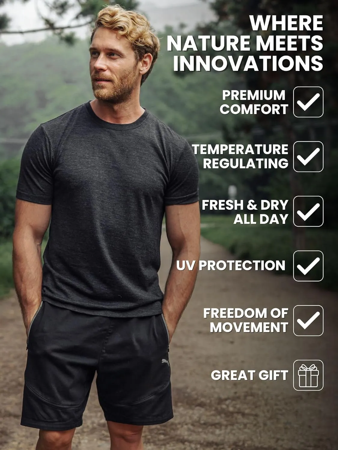 Merino Wool T-Shirt Mens - Merino Wool Undershirt Thermal Shirt for Men and Hiking Socks