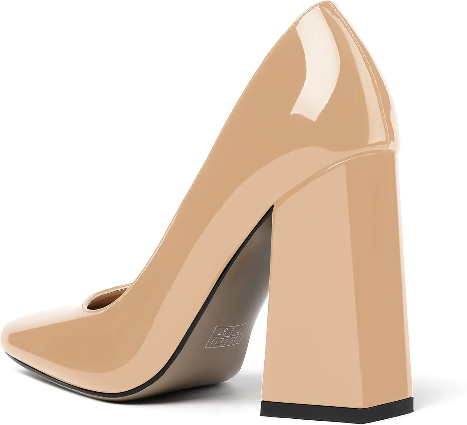 MERRORI Women's Patent Block Square Toe Solid Slip On Chunky High Heel Pumps Shoes 4 Inch