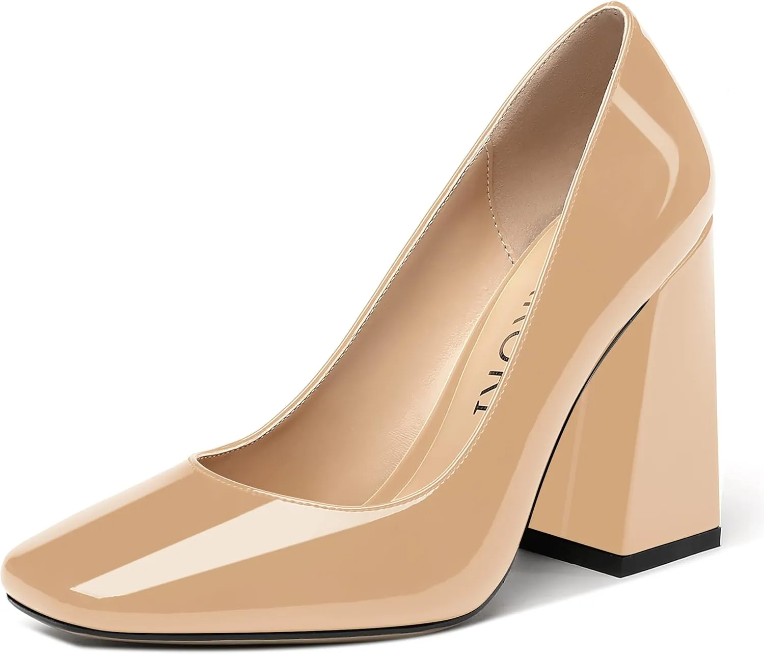 MERRORI Women's Patent Block Square Toe Solid Slip On Chunky High Heel Pumps Shoes 4 Inch