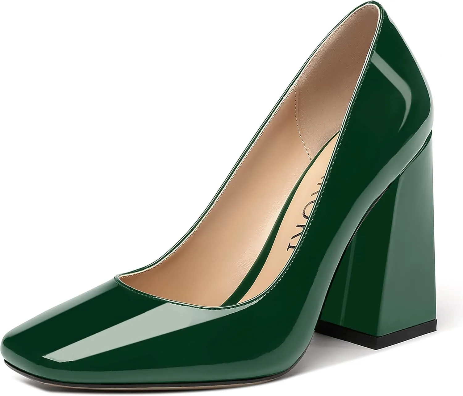 MERRORI Women's Patent Block Square Toe Solid Slip On Chunky High Heel Pumps Shoes 4 Inch