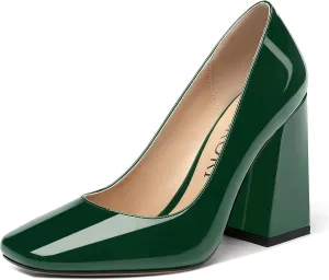 MERRORI Women's Patent Block Square Toe Solid Slip On Chunky High Heel Pumps Shoes 4 Inch