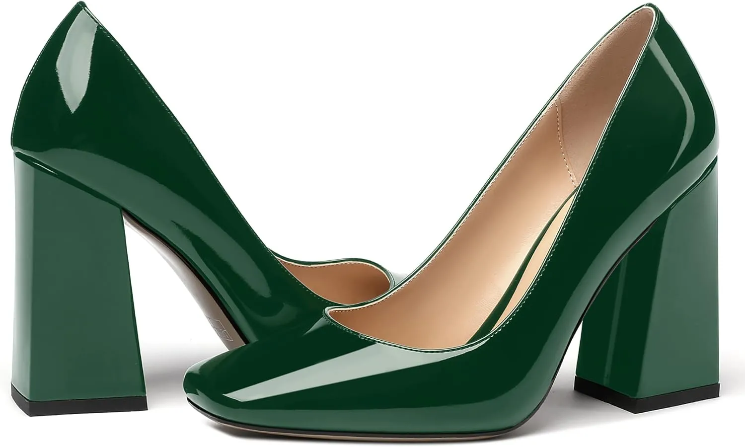 MERRORI Women's Patent Block Square Toe Solid Slip On Chunky High Heel Pumps Shoes 4 Inch