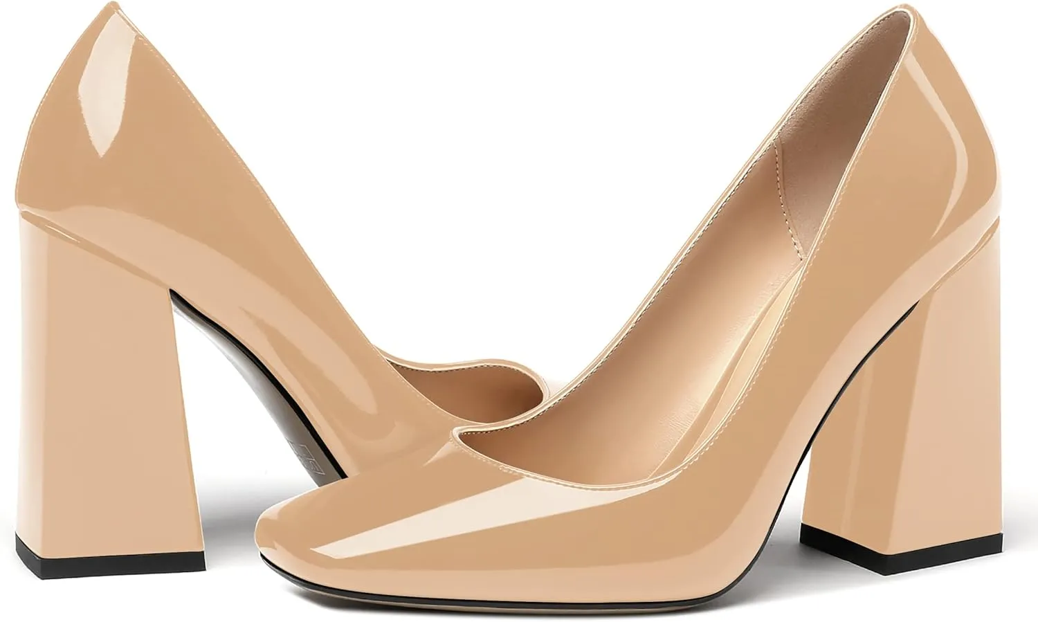 MERRORI Women's Patent Block Square Toe Solid Slip On Chunky High Heel Pumps Shoes 4 Inch