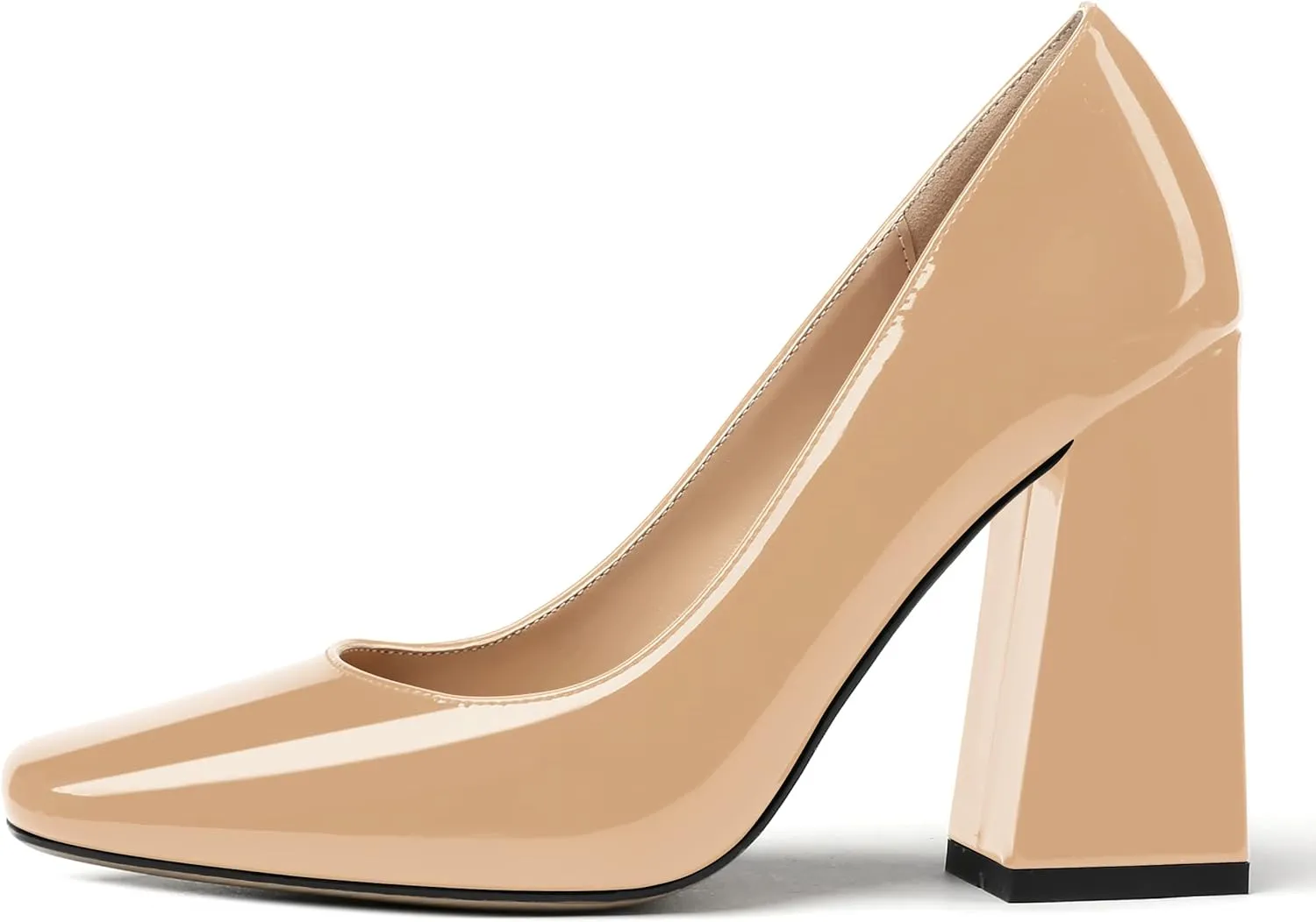 MERRORI Women's Patent Block Square Toe Solid Slip On Chunky High Heel Pumps Shoes 4 Inch