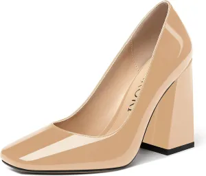MERRORI Women's Patent Block Square Toe Solid Slip On Chunky High Heel Pumps Shoes 4 Inch