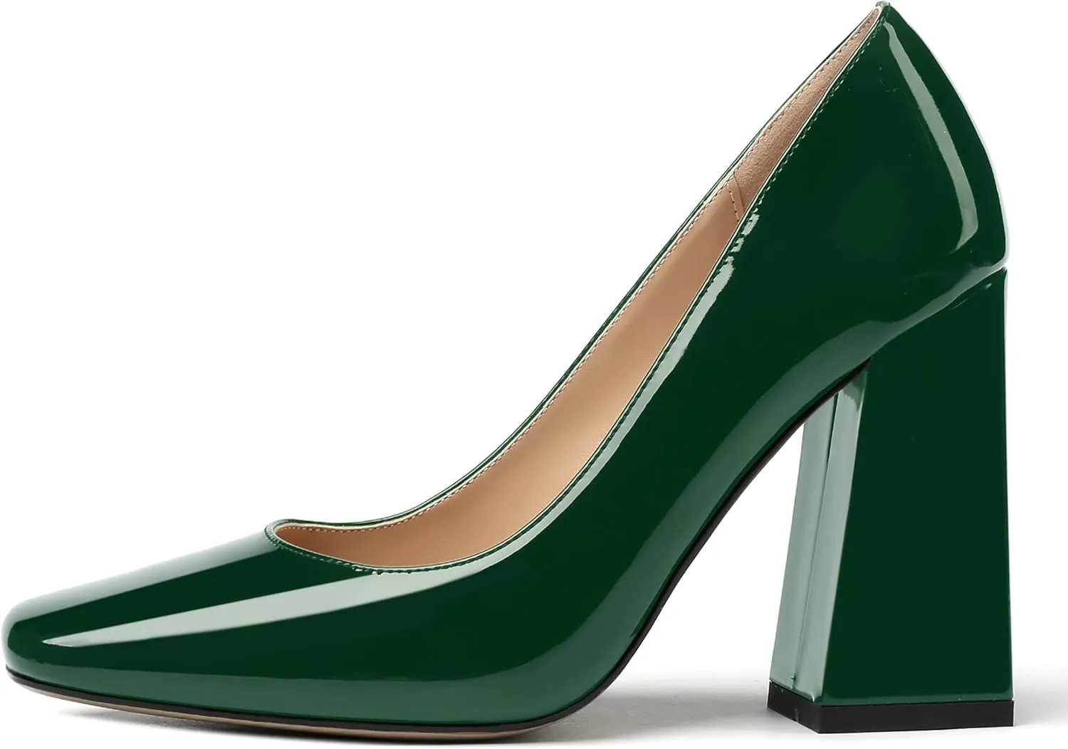 MERRORI Women's Patent Block Square Toe Solid Slip On Chunky High Heel Pumps Shoes 4 Inch