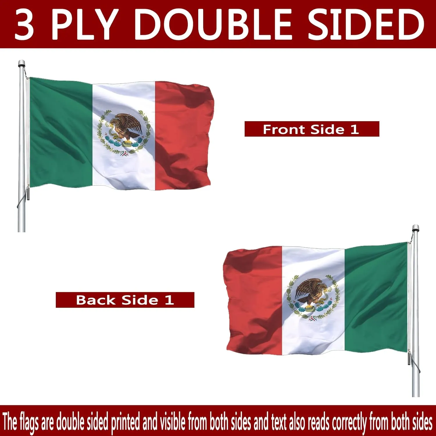 Mexico MX Flag 5x8 Outdoor Double Sided - Vivid Color Polyester Canvas Header and 4 Rows Stitched - Mexican National Flags with Brass Grommets