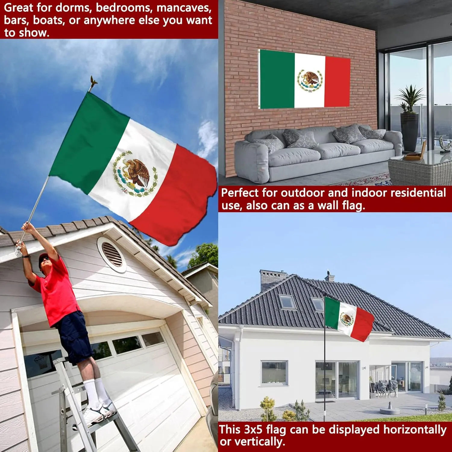 Mexico MX Flag 5x8 Outdoor Double Sided - Vivid Color Polyester Canvas Header and 4 Rows Stitched - Mexican National Flags with Brass Grommets