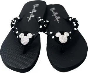 Mickey Mouse Glitter Polka Dot Black Flip Flops - Women's and Girls Sizes, Ladies Kids