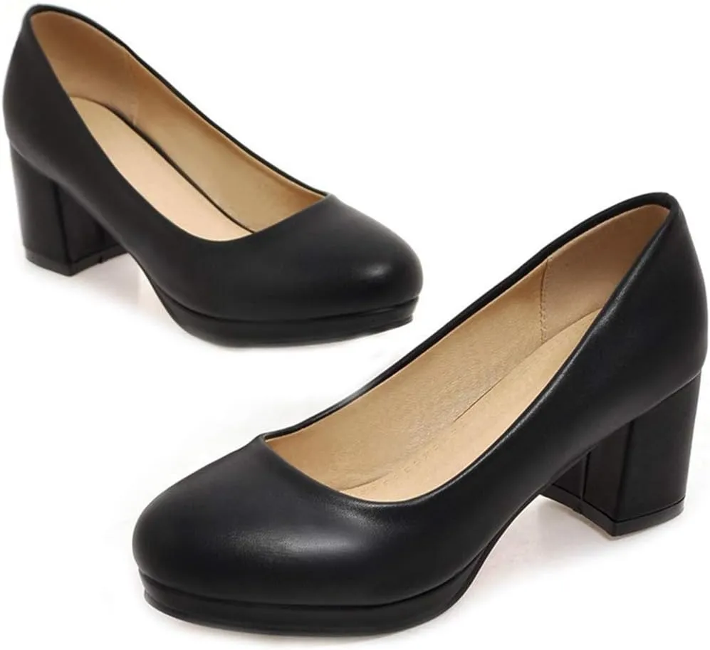 MIOKE Women's Round Toe Chunky Mid Heel Pumps Slip-On Platform Comfort Casual Formal Work Office Shoes