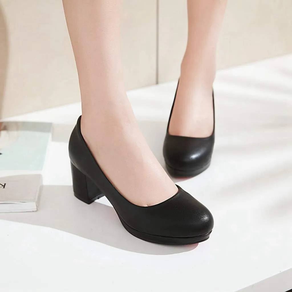 MIOKE Women's Round Toe Chunky Mid Heel Pumps Slip-On Platform Comfort Casual Formal Work Office Shoes