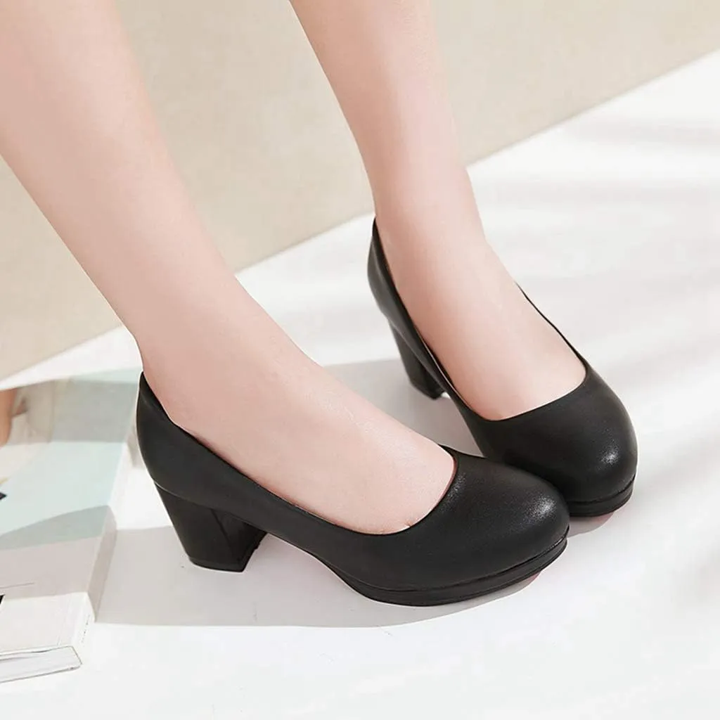 MIOKE Women's Round Toe Chunky Mid Heel Pumps Slip-On Platform Comfort Casual Formal Work Office Shoes