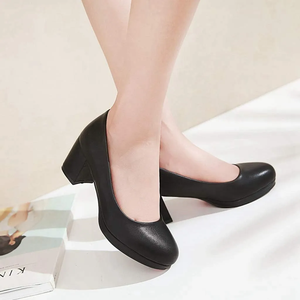 MIOKE Women's Round Toe Chunky Mid Heel Pumps Slip-On Platform Comfort Casual Formal Work Office Shoes
