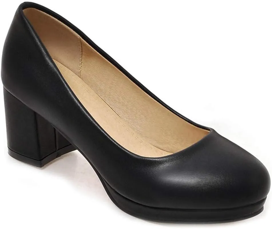 MIOKE Women's Round Toe Chunky Mid Heel Pumps Slip-On Platform Comfort Casual Formal Work Office Shoes