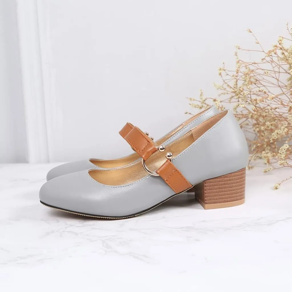 MIOKE Women's Square Toe Chunky Mid Block Heel Pumps Buckle Strap Comfort Mary Jane Office Dress Shoes