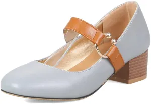 MIOKE Women's Square Toe Chunky Mid Block Heel Pumps Buckle Strap Comfort Mary Jane Office Dress Shoes