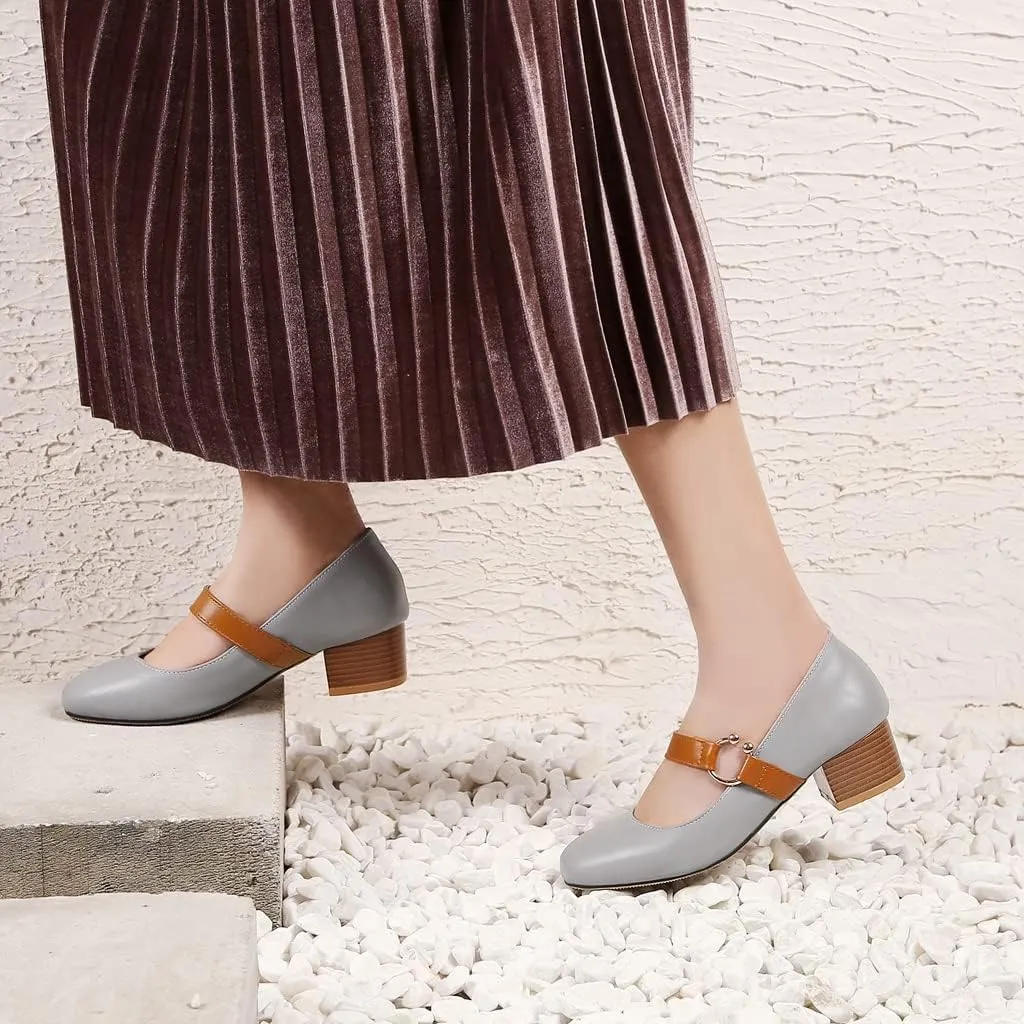 MIOKE Women's Square Toe Chunky Mid Block Heel Pumps Buckle Strap Comfort Mary Jane Office Dress Shoes