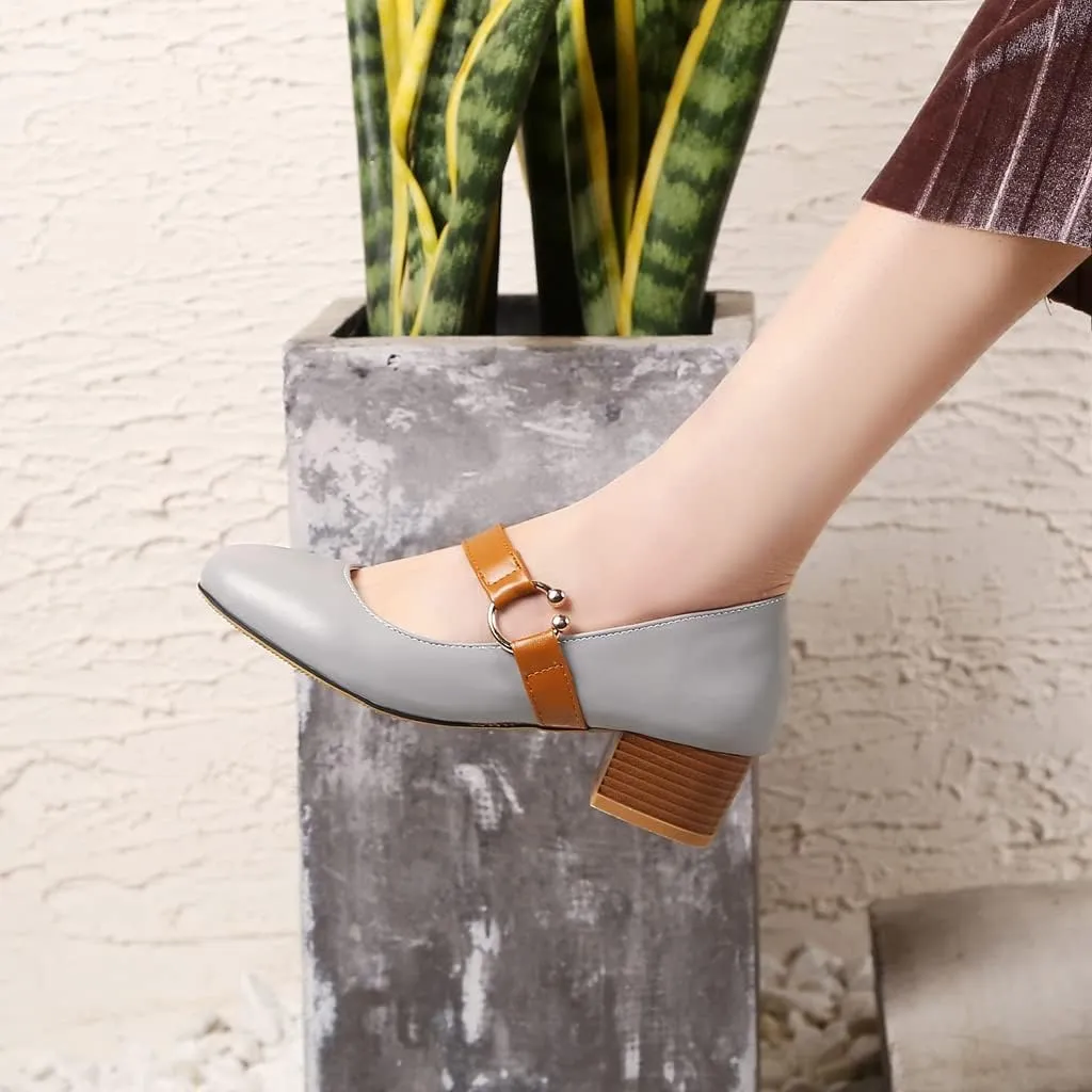 MIOKE Women's Square Toe Chunky Mid Block Heel Pumps Buckle Strap Comfort Mary Jane Office Dress Shoes