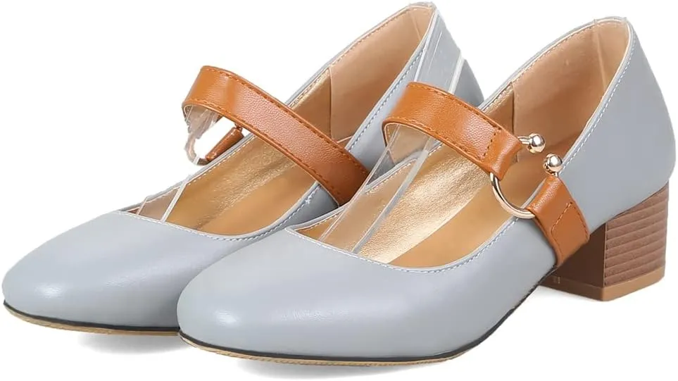 MIOKE Women's Square Toe Chunky Mid Block Heel Pumps Buckle Strap Comfort Mary Jane Office Dress Shoes