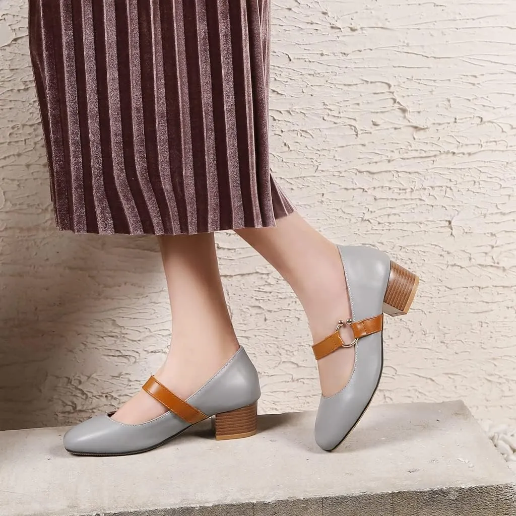 MIOKE Women's Square Toe Chunky Mid Block Heel Pumps Buckle Strap Comfort Mary Jane Office Dress Shoes