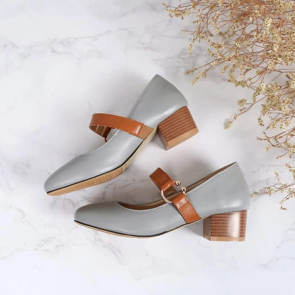 MIOKE Women's Square Toe Chunky Mid Block Heel Pumps Buckle Strap Comfort Mary Jane Office Dress Shoes